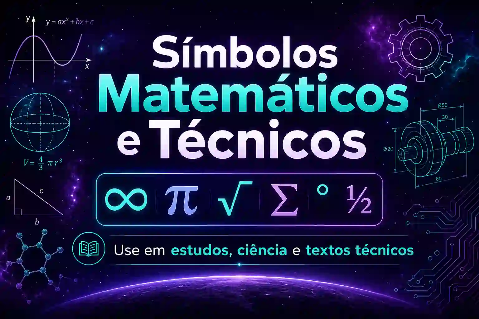 Símbolos matemáticos e técnicos — infinito, pi, raiz e somatório Unicode