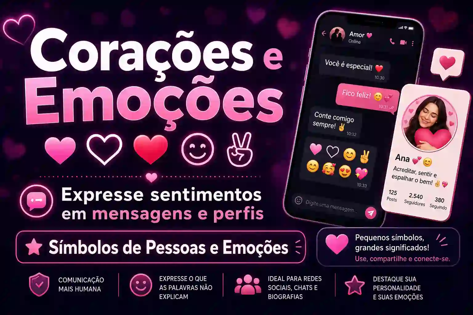 Símbolos de coração e emoções para copiar — amor, gestos e expressões