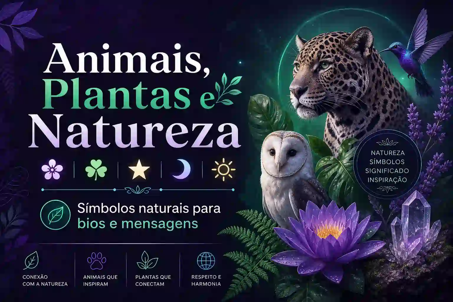 Símbolos de natureza — flores, plantas, animais e elementos do céu
